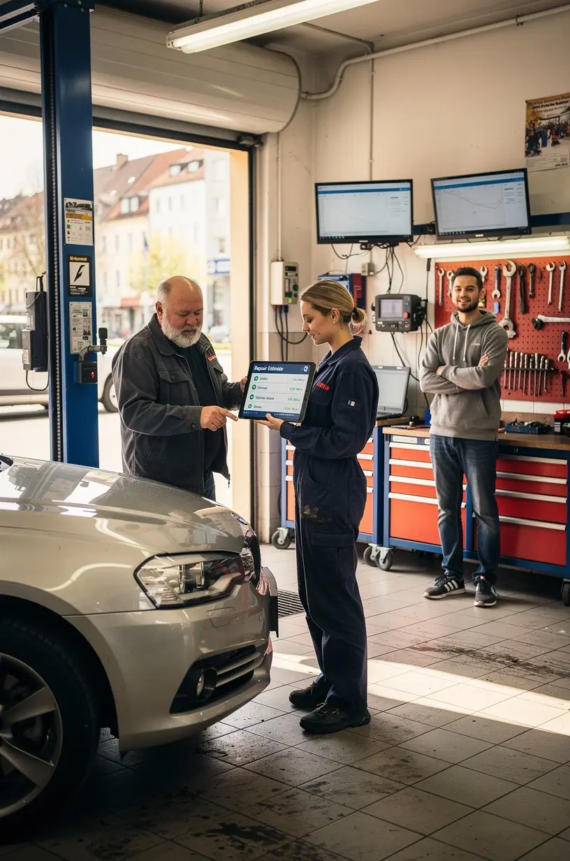 Nahaufnahme von Autoteilen und Werkzeugen mit klarer Beschriftung zur Veranschaulichung der Reparaturkostenaufteilung.