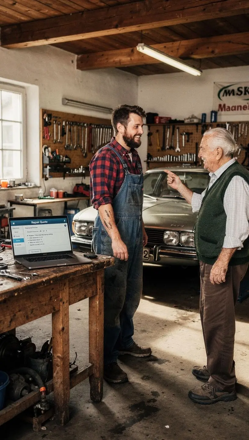 Digitale Anzeige eines symptom-basierten Kostenvoranschlagsystems für KFZ-Service und Reparatur in einer Werkstatt.